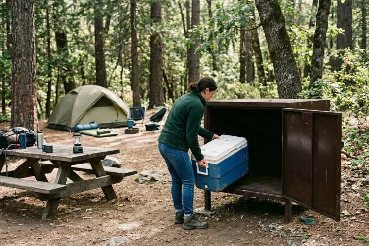 A camper placing a cooler inside a metal food storage locker at a forest campsite