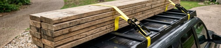 Long boards on a roof rack held down by two ratchet straps