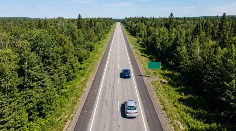 Two cars in the same highway lane with a long gap between them as the front car passes a roadside sign